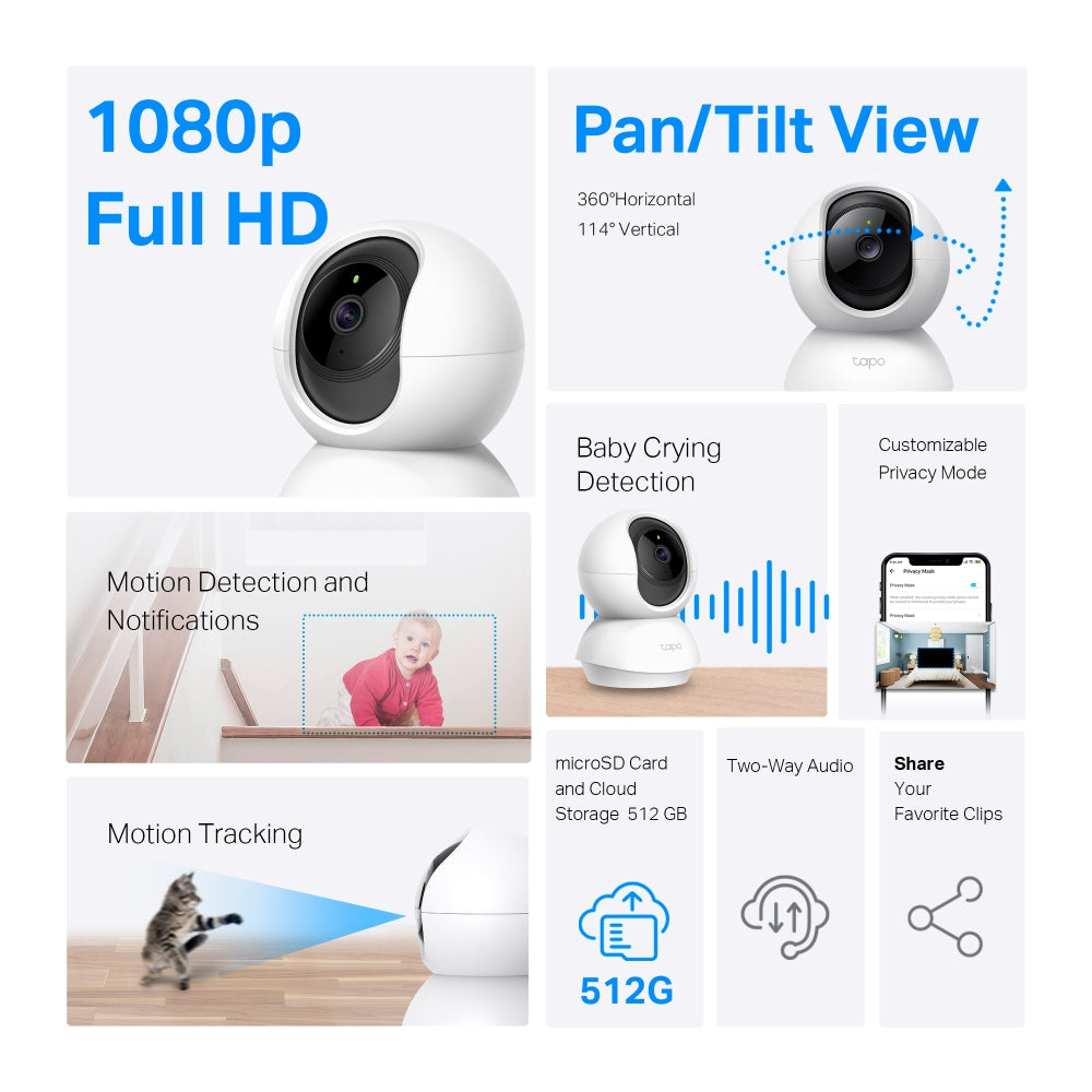 Tapo C200 Pan/Tilt Smart Security Camera 360°, 1080p, 2-Way Audio, Twin Pack