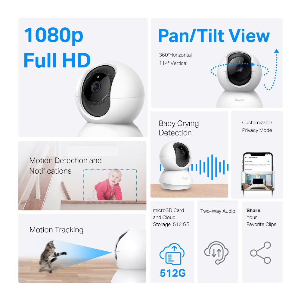 Tapo Pan/Tilt Smart Security Camera 360°, 1080p, 2-Way Audio (Tapo C200 Twin Pack)