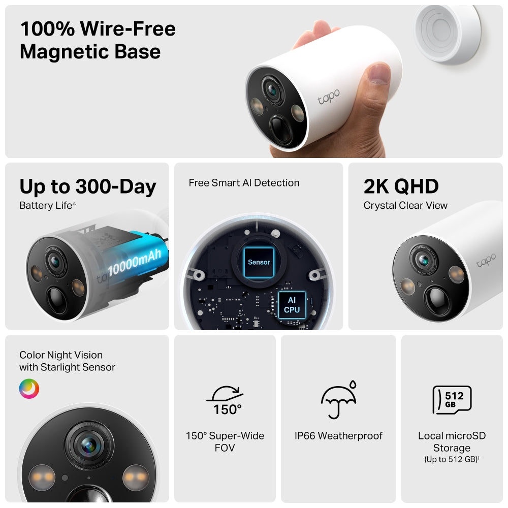 Tapo TC85 Indoor/Outdoor 2K Battery Security Camera with Magnetic Base