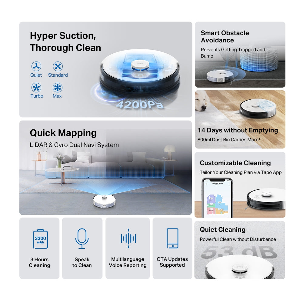 LiDAR Navigation Robot Vacuum, Quiet Cleaning, 800ml Dust Bin, Tapo RV30C