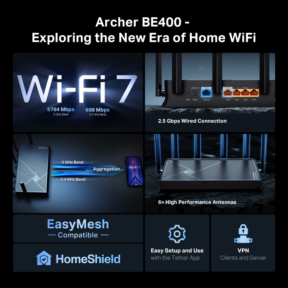 Archer BE400 BE6500 Dual-Band Wi-Fi 7 Router