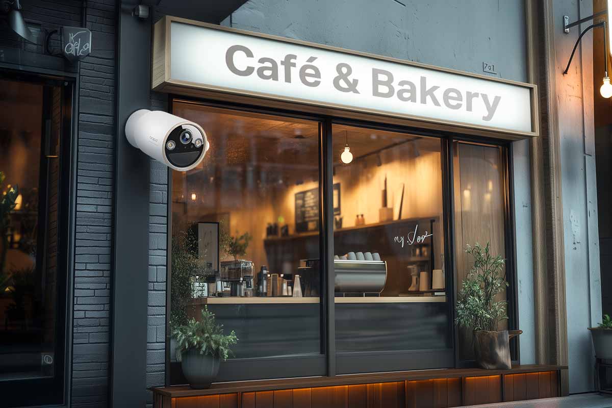 4K security camera monitoring the entrance of a small café and bakery, enhancing security for local businesses.