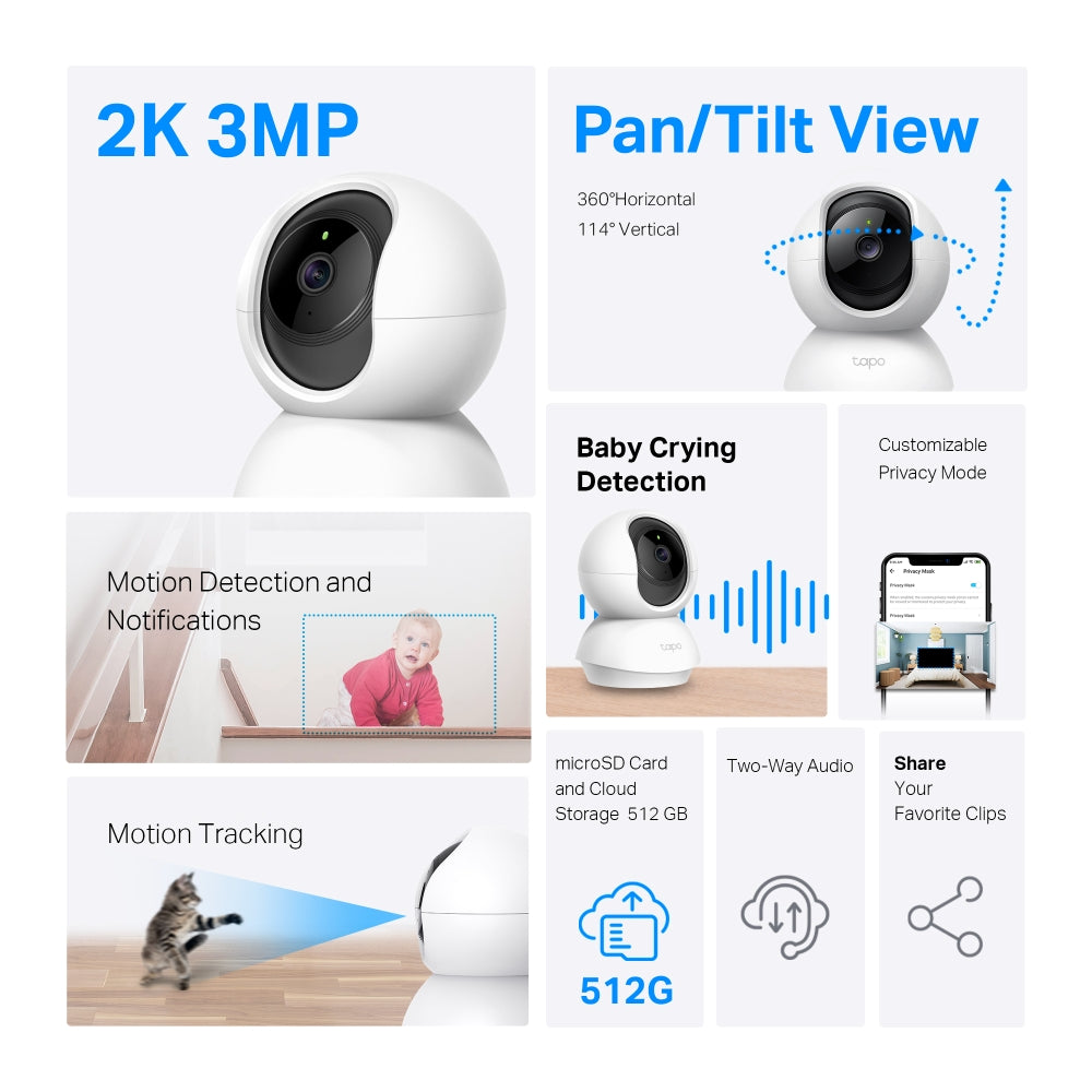 Tapo C210P2 Indoor 2K Pan/Tilt/Zoom Security Camera Set with Advanced Night Vision