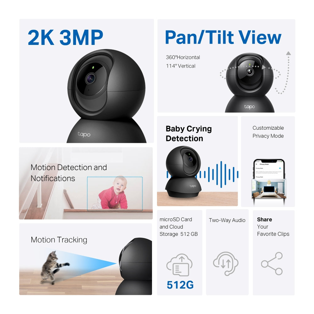 Pan Tilt Indoor Wi-Fi Camera, 2K 3MP High definition, Black Edition