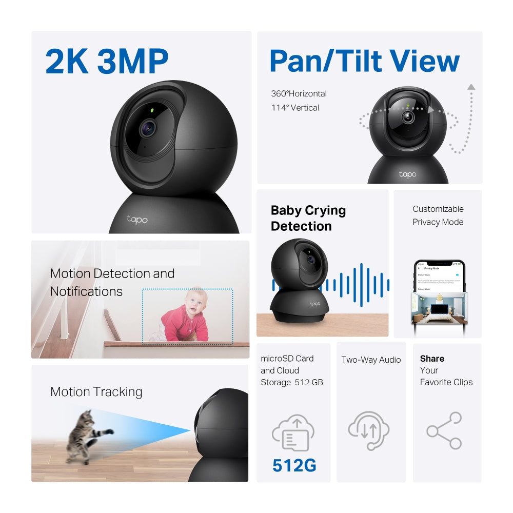 Pan Tilt Indoor Wi-Fi Camera, 2K 3MP High definition, Black Edition, Twin Pack