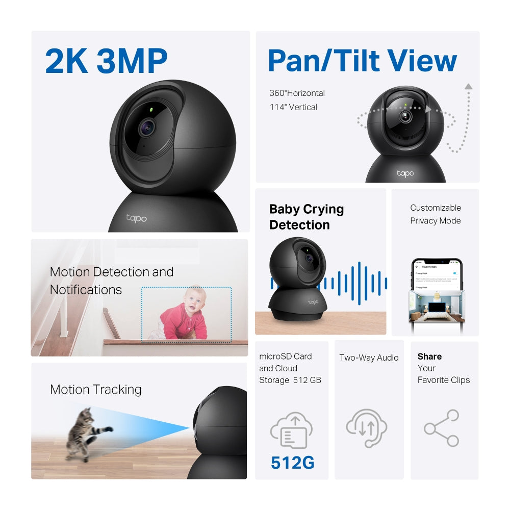 Tapo C211 Black Indoor 2K Wi-Fi Security Camera with Pan/Tilt/Zoom Twin Pack