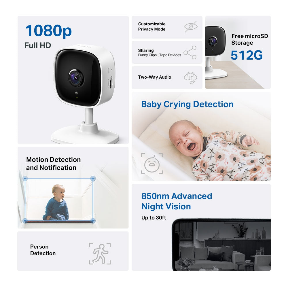 Mini Indoor Wi-Fi Camera, 1080P, Baby Crying Detection