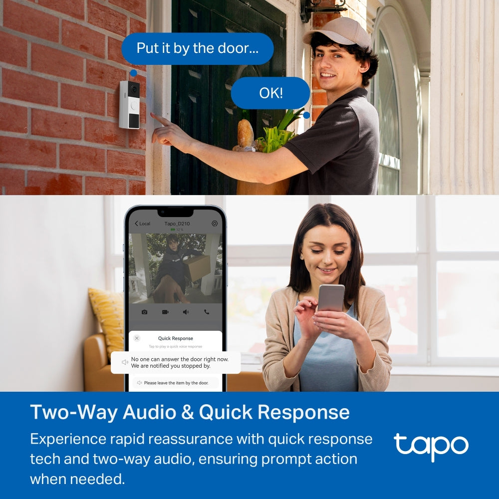 Battery Video Doorbell, Chime Included, Subscription-free, Tapo TD21