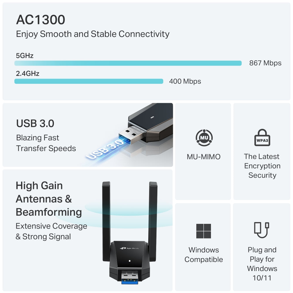 Archer T5U Plus, AC1300 Dual Antennas High Gain Wireless USB Adapter