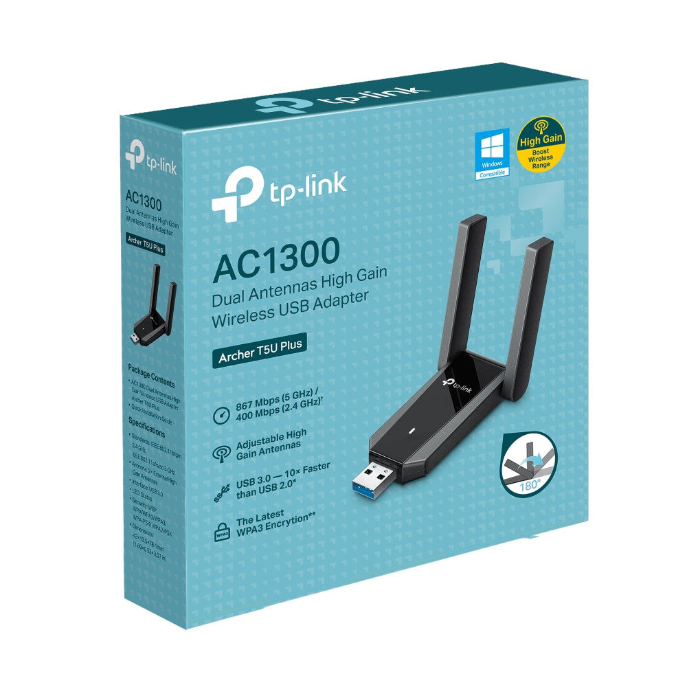 Archer T5U Plus, AC1300 Dual Antennas High Gain Wireless USB Adapter