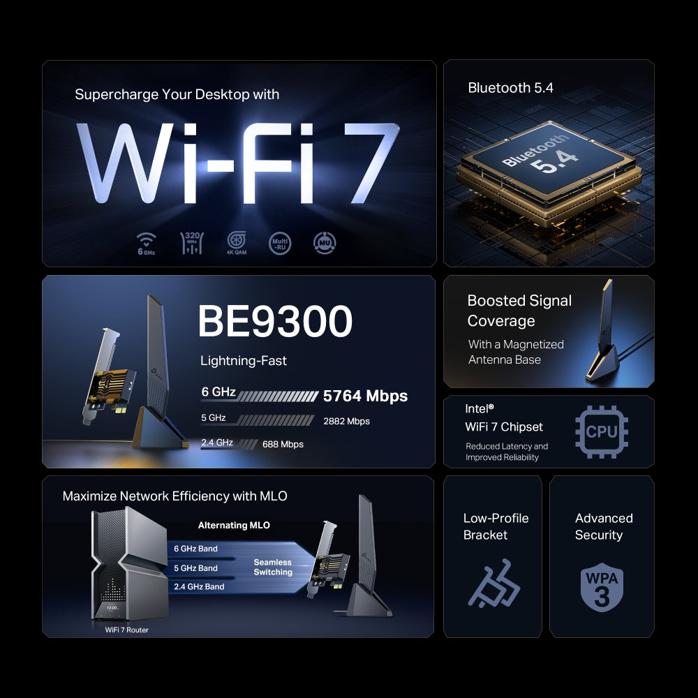 Archer TBE553E, BE9300 Wi-Fi 7 Bluetooth PCIe Adapter