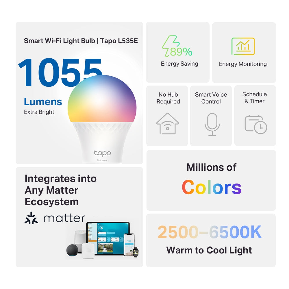 Matter Compatible E27 Bulb, Extra Bright, Tapo L535E