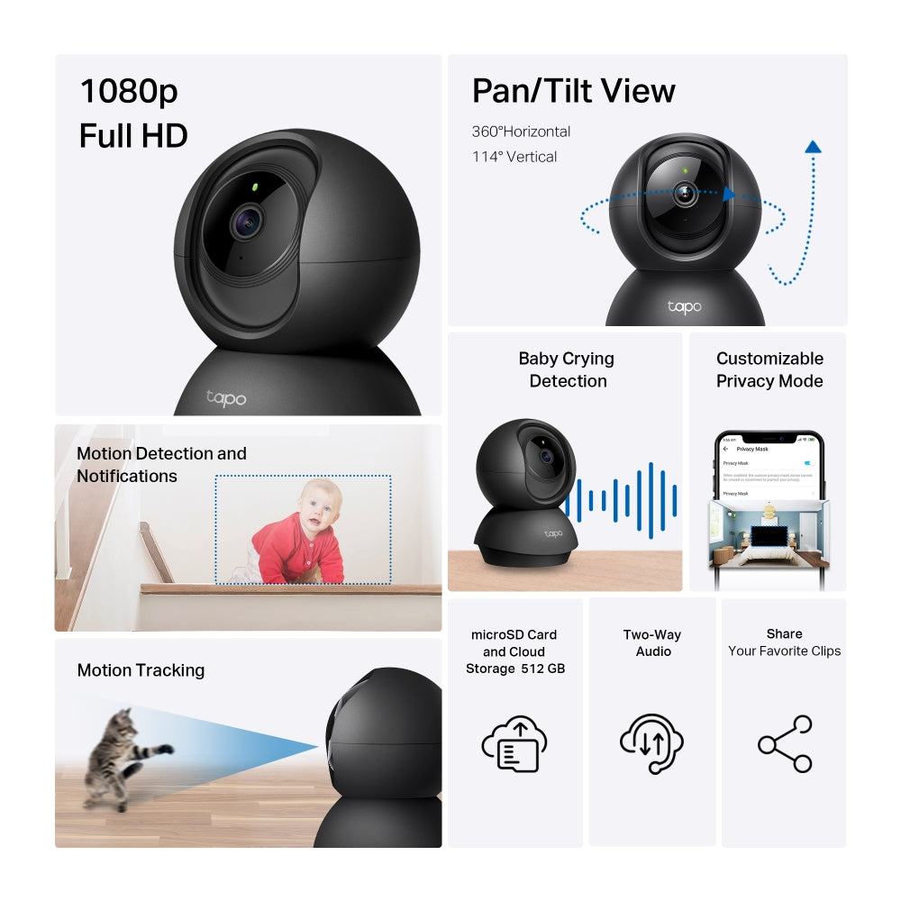 Tapo C201 Indoor 1080P Wi-Fi Security Camera with Pan/Tilt/Zoom, Black