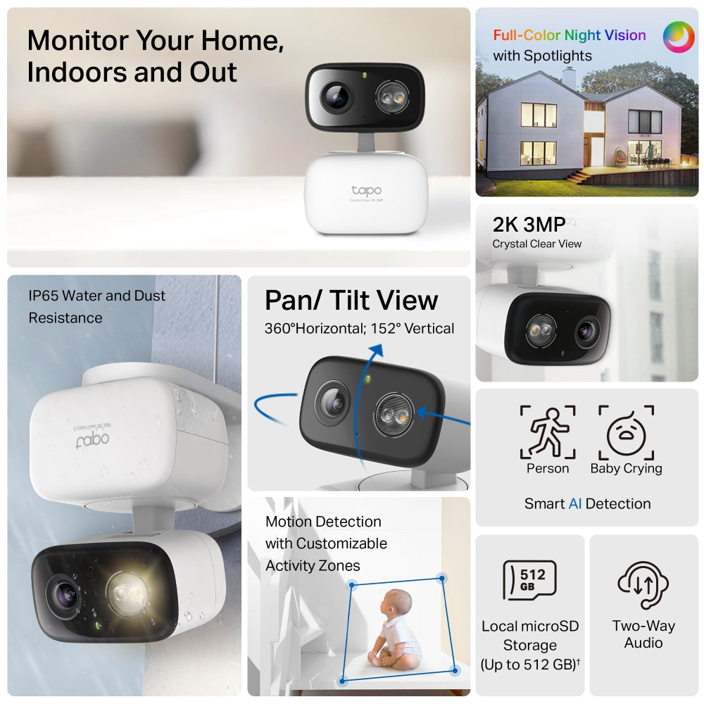 New Indoor/Outdoor Pan Tilt Wi-Fi Camera, 2K 3MP, Full-Colour Night Vision, Tapo C216