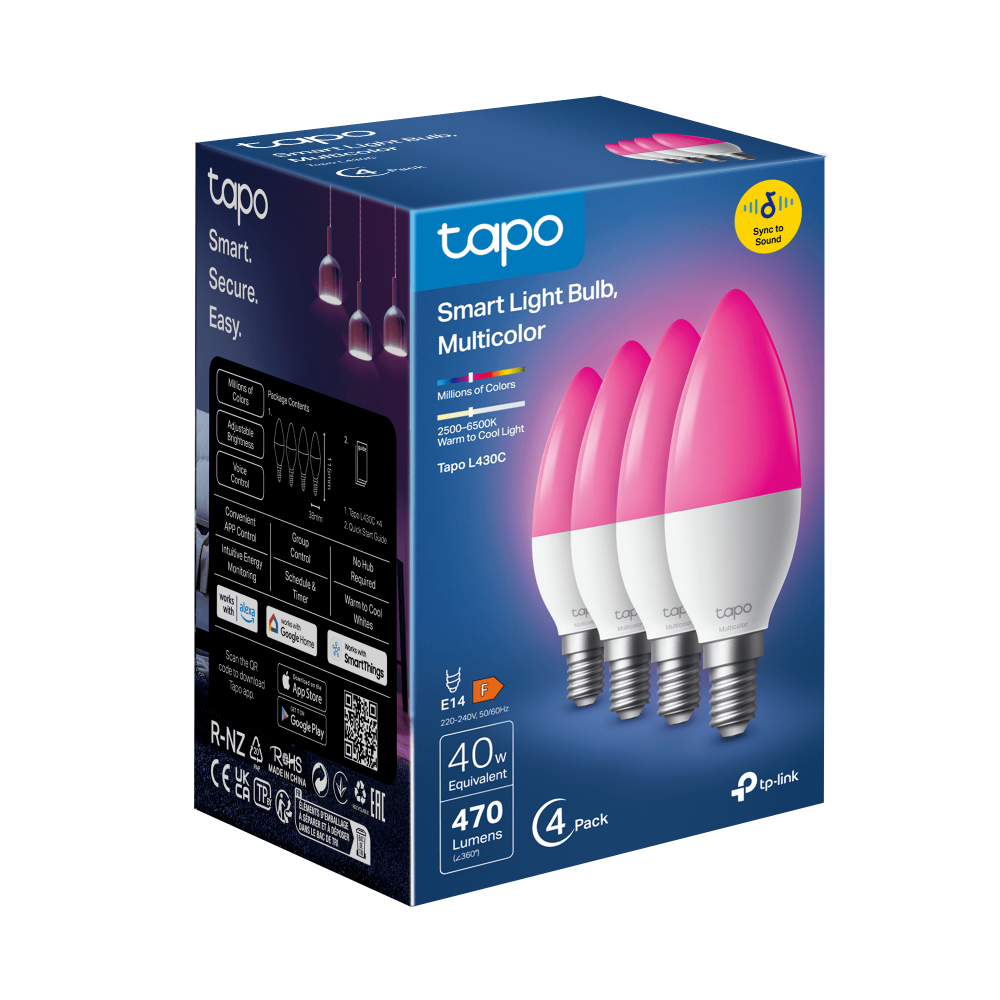 Smart Wi-Fi Candle Multicolour Light Bulb, Tapo L430C 4-pack