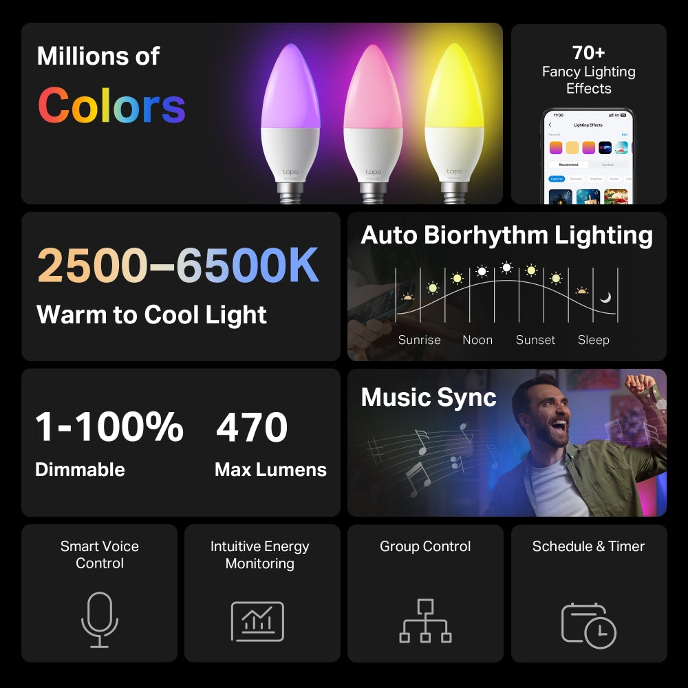 Smart Wi-Fi Candle Multicolour Light Bulb, Tapo L430C 2-pack
