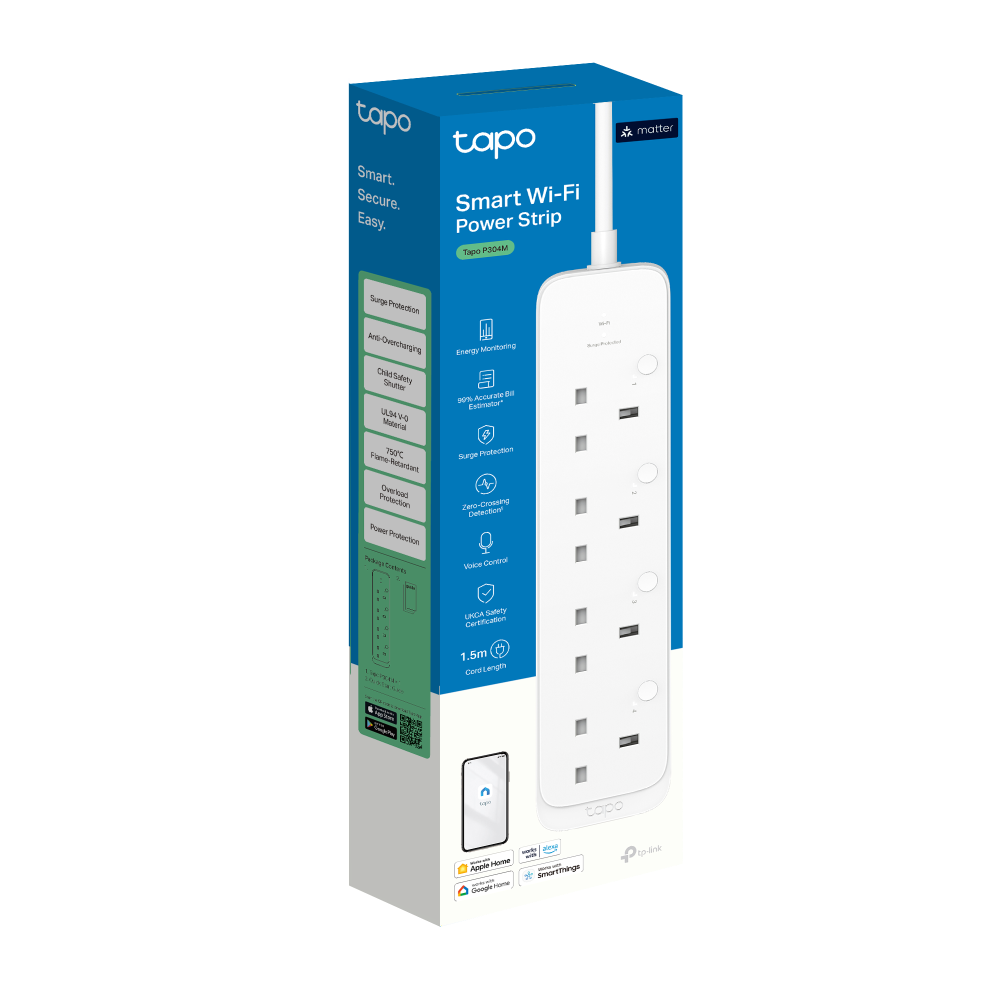 Smart Wi-Fi Power Strip, Energy Monitoring, Matter Compatible, Tapo P304M