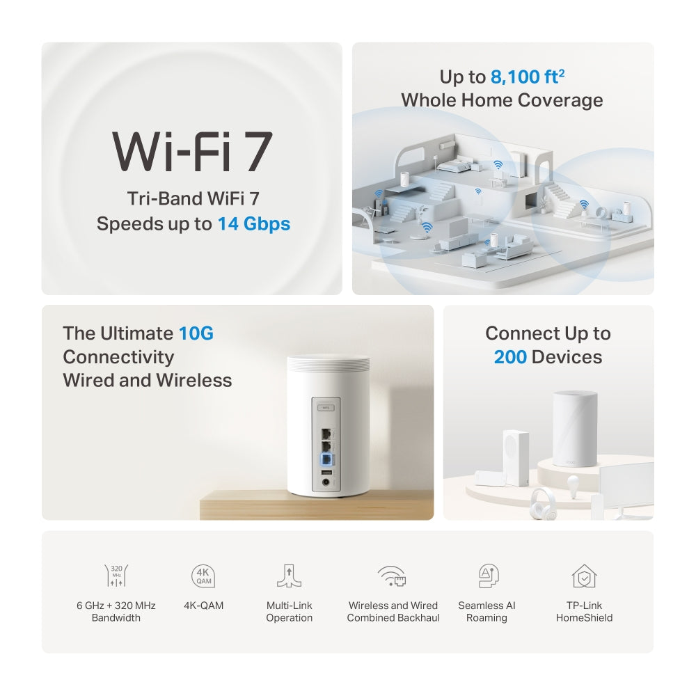 Deco BE68, BE14000 Tri-Band Whole Home Mesh WiFi 7 System, 3 packs